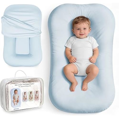 Infant Support Cushion, Baby Lounger for Newborn 0-24 Months, Portable Tummy Time Mat with Soft Cotton Cover for Home, Travel & Supervised, Essential Baby Gift (Blue)
