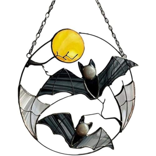Stained Enamel and Metal Bat Moon Suncatcher Window Panel Wall Hanging Ornaments Halloween Horror Home Decorations