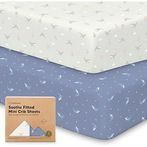 2-Pack Mini Crib Sheets Fitted, Pack and Play Sheets - Organic Cotton Pack N Play Sheets for Pack and Play Mattress, Playard Baby Crib Sheets, Jersey Crib Sheets Neutral for Boys, Girls (Marine Muse)