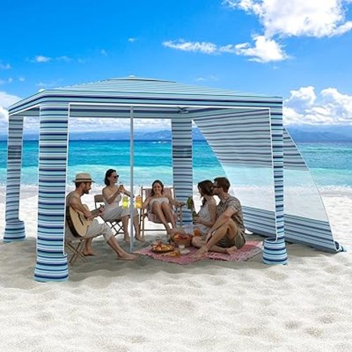 MoKo Beach Cabana, 8'×8' Large Beach Canopy with Side Wall, UPF 50+ Protection Easy Setup Beach Tent Sun Shelter, Adjustable Height Wind Resistant Cabana Beach Tent for Whole Family, Blue-Green Stripe
