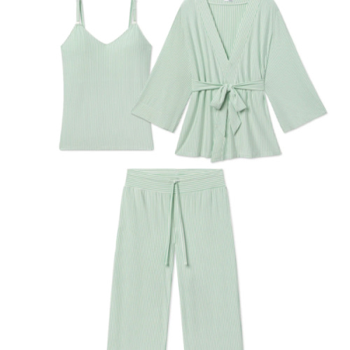 LAKE | Women | DreamModal Pajamas | Parisian Green Pencil Stripe Maternity Kimono Bundle