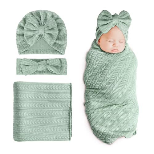 DRESHOW BQUBO Newborn Receiving Blanket Toddler Warm for Girls with Bow Hat and Bow Headband Shower Gift