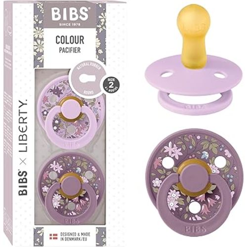 BIBS Liberty Pacifier | 2 Colour Natural Rubber Latex Soothers | BPA Free Dummy Pacifier | Round Nipple | Designed & Made in Denmark | Chamomile Lawn Violet Sky