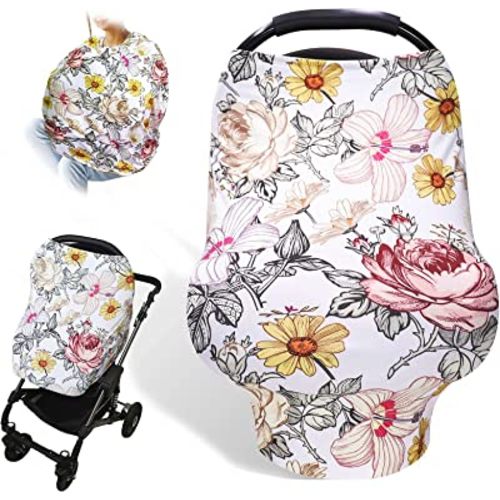 Floral Baby Car Seat Cover Girls, Infant Carseat Canopy, Stretchy Multi- use Nursing Cover for Stroller/High Chair/Shopping Cart/Car Seat Canopies