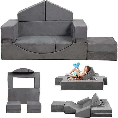 Kids Couch Toddler Couch, Modular Kids Play Couch with Recliner, Imaginative Foam Couch Play Set for Creative Boys & Girls, Kids Couch Sofa Indoor, Kids Room Playroom Furniture, Grey, YME0012