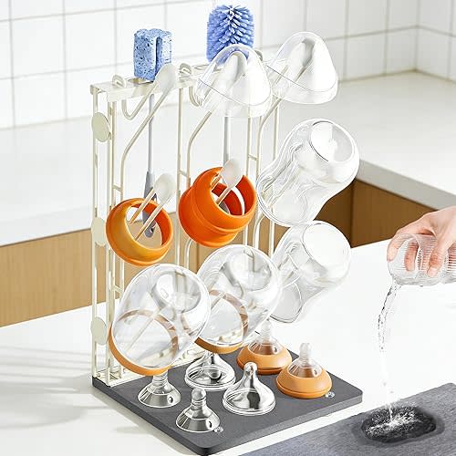 Taozun Bottle Drying Rack with 9 Hooks, Quick-Dry Diatomite Base with Stainless Steel Cup Stand, Vertical Space Saving Countertop Baby Organizer