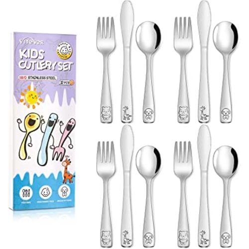 WeeSprout Toddler Utensils, 3 Forks & 3 Spoons, 18/8 Stainless Steel & Food Grade Silicone, Blue, Pink, Off-White