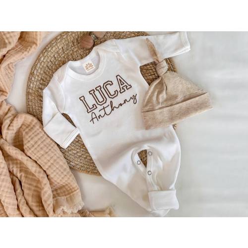 Personalized baby romper and hat set, custom infant boy coming home outfit, embroidery baby shower gift, monogrammed sleeper footies