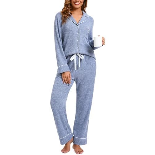 Women's Pajama Sets Long Sleeve Button Down Soft Knit Sleepwear Pjs 2 Piece Lounge Set