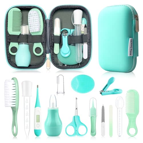 Baby Grooming Kit, Infant Safety Care Set with Hair Brush Comb Nail Clipper Nasal Aspirator,Baby Essentials Kit for Newborn Girls Boys (Green)