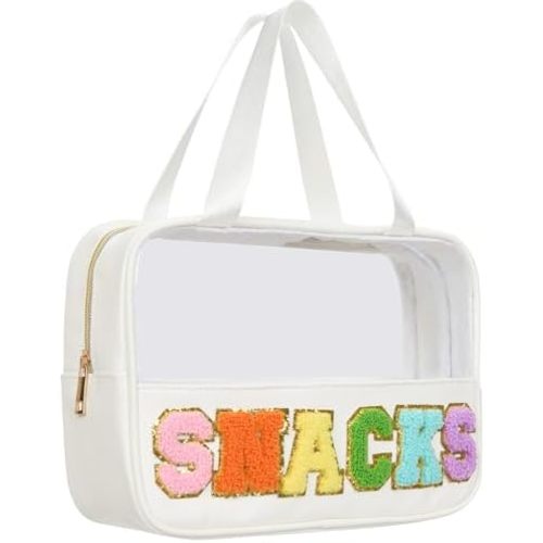 Snacks Bag Clear Chenille Varsity Letter Zipper Pouch Travel Makeup Bag Aesthetic Storage Organizer Pouches for Women with Glitter Patch Letters