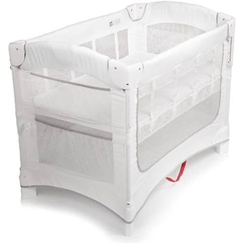 Arm’s Reach Ideal Ezee 3 in 1 Co-Sleeper Folding Bedside Bassinet and Play Yard Featuring Breathable Mesh Sides with Side Pockets for Storage and 4-Inch Sleeping Nest, White