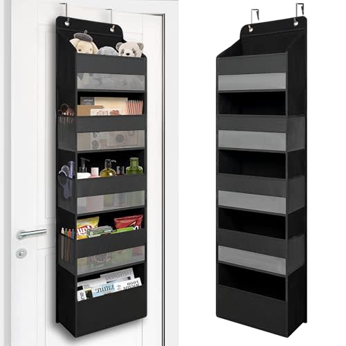 TYMENSH Over Door Organizer with 5 Large Pockets, Heavy Duty Hanging Organizer Storage, Closet Bathroom Nursery Bedroom Dorm, Toys Cosmetics Sundries and Baby Essentials, Black