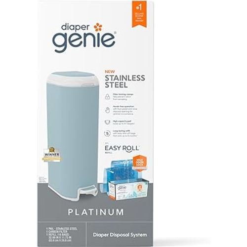 Diaper Genie Platinum Pail (Glacial Blue) is Made in Durable Stainless Steel and Includes 1 Easy Roll Refill with 18 Bags That can Last up to 5 Months.