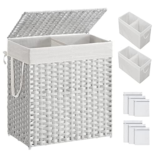 SONGMICS Laundry Hamper with Lid, 110L Clothes Hamper with 2 Removable Liner Bags, 6 Mesh Bags, Wicker Laundry Basket, Double Laundry Hamper for Laundry Room, 13 x 22.4 x 23.6 Inches, White ULCB52WT