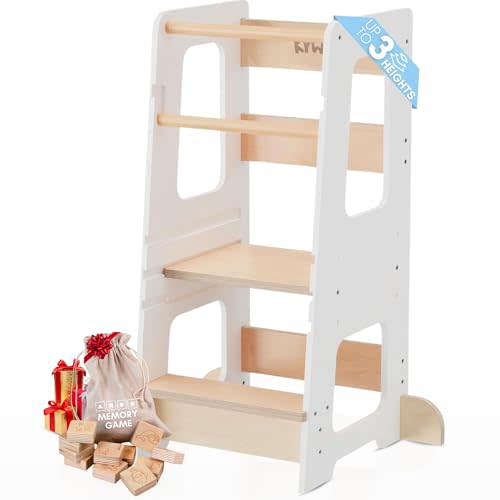 KYWAI Toddler Kitchen Stool Helper – Adjustable Standing Tower with Safety Rails, Anti-Tip Design & Non-Slip Stickers – Patented Design, Double Safety Barrier & CPC Certified