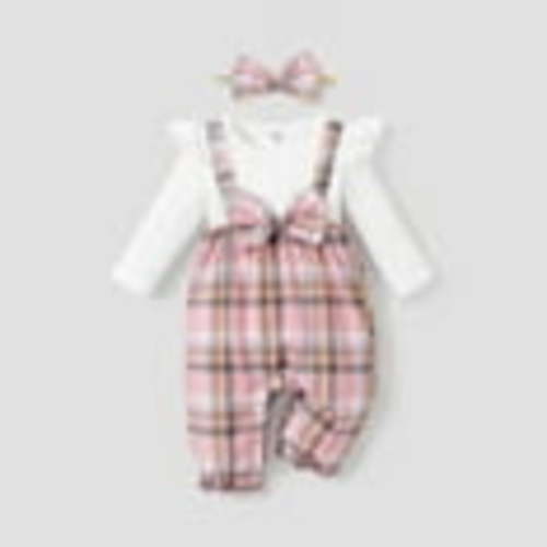 PatPat 4pcs Baby Girl Plaid & Solid Ribbed Spliced Ruffle Trim Bow Front Long-sleeve Jumpsuit & Headband Set