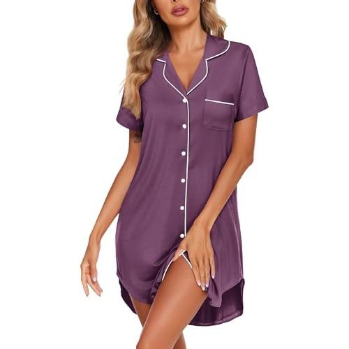 Recovery nightgown - Ekouaer Womens Nightgown Button Down Sleepshirts Short Sleeve Sleepwear Boyfriend Nightshirts Pajama Dress