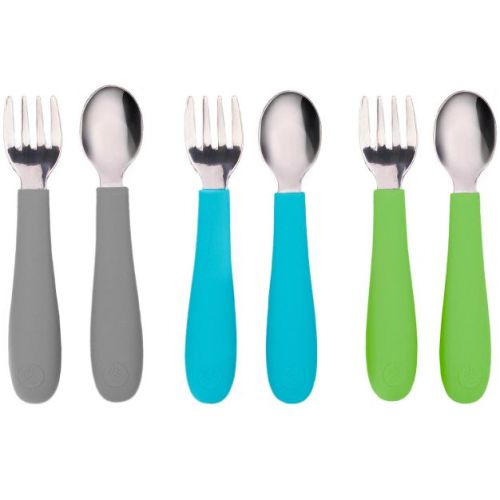 WeeSprout Toddler Utensils, 3 Forks & 3 Spoons, 18/8 Stainless Steel & Food Grade Silicone - Bright Blue, Green, Gray