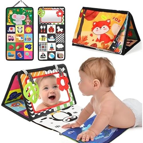 Tummy Time Toys, Black and White High Contrast Baby Toys for Newborn, Baby Visual Stimulation Mirror, Montessori Crinkle Book for Infant 0-3-6-12 Months, Boy Girl Shower Gift