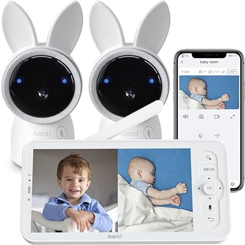ARENTI Split-Screen Video Baby Monitor, Audio Monitor with Two 2K UHD WiFi Cameras,5" Color 720P Display,Night Vision,Cry Detection,Motion Detection,Temp&Humidity Sensor,Two Way Talk,App Control - White