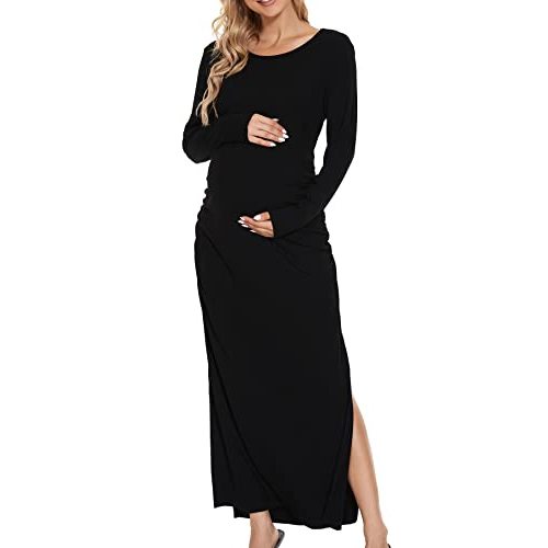 Smallshow Women's Split Maternity Dress Long Sleeve Ruched Pregnancy Clothes