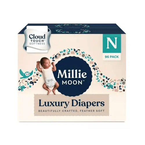 Millie Moon Luxury Diapers (Size-Newborn and Count-96) Diaper Weight Range: Up to 9 lbs