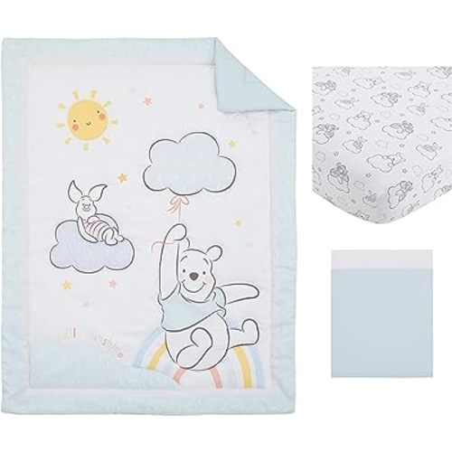 Disney Winnie The Pooh Hello Sunshine Multi-Colored Rainbow, Yellow Sun & Blue Clouds 3Piece Nursery Crib Bedding Set - Comforter, Fitted Crib Sheet & Crib Skirt, Aqua, Yellow, Orange, White