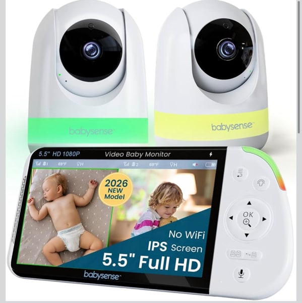 Babysense PRO Full HD 5.5" Split Screen Baby Monitor with 2 Cameras, 6-Color Night Light, White Noise, Sound & Light Machine, 20-Hour Battery, Hack-Proof Non-WiFi Secure Connection