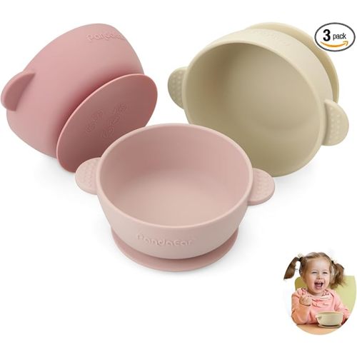 PandaEar 3 Pack Baby Bowls with Suction| Stay Put Silicone Food Bowl for Babies Kids Toddlers Infants| Food Grade Soft Safe BPA-Free Silicone (Pink)