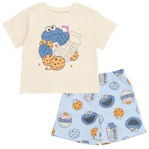 Sesame Street Cookie Monster Toddler Boys Waffle Knit T-Shirt and Shorts Outfit Set Almond / Sky Blue 4T