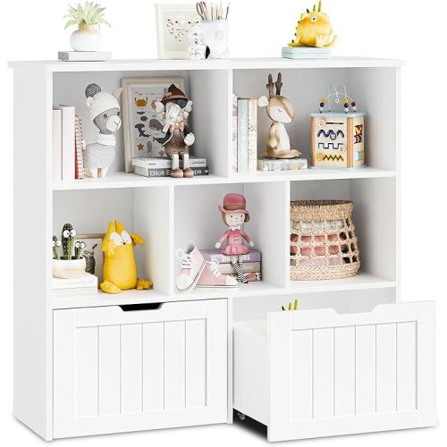 Toy Storage Organizer, Kids Bookshelf and Toy Storage with 2 Movable Drawers, Toy Chest Shelf Organizer with Hidden Wheels and 5 Storage Cubbies, Multifunctional Toy Organizer for Playroom, White