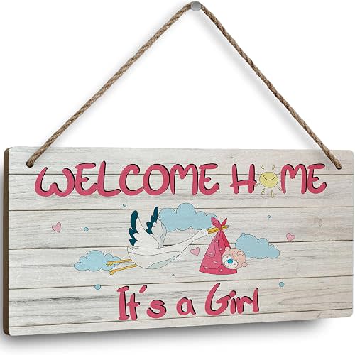 Welcome Home Newborn Baby It’s a Girl Wooden Door Sign Baby Girl Signs for Door Welcome Sign Décor for Front Door & Nursery Hanging Newborn Announcement Plaque