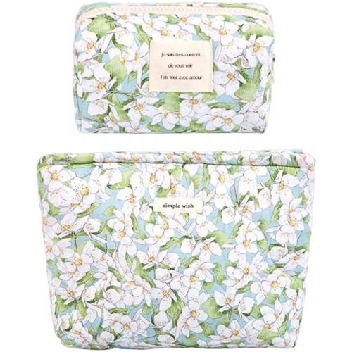 2 Pcs Floral Makeup Bag Large Travel Cotton Quilted Cosmetic Makeup Bag Organizer, Cute Coquette Aesthetic Zipper Portable Pouch Purse Storage Toiletry Bag for Women Girls accessories