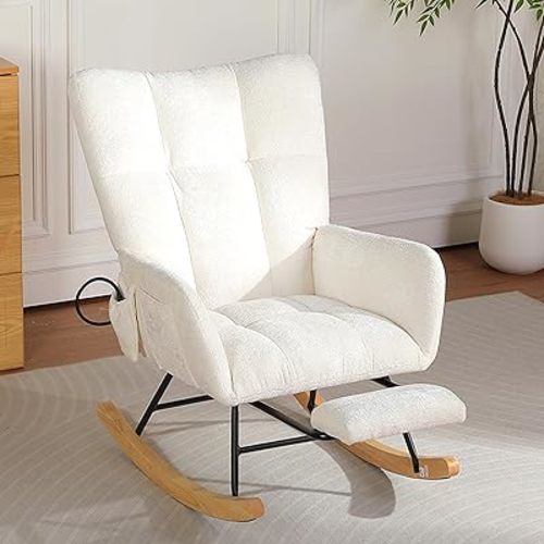 Rocking Chair Nursery with Airbag, Comfy Modern Nursery Rocking Reading Chair Indoor with Footrest, Cozy Upholstered Glider Rocker Chairs for Living Room Bedroom Offices(Chenille, White)