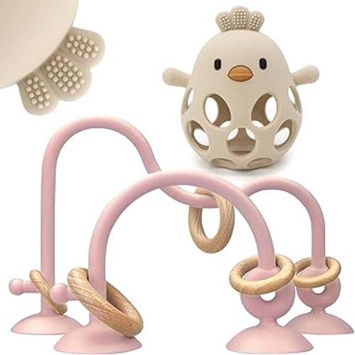 Baby High Chair Suction Toys Teething Chew - Baby Table Toys, Teething Toys Silicone Teethers, Food Grade Silicon for 6 12 18 Months (Rosepink Beige)