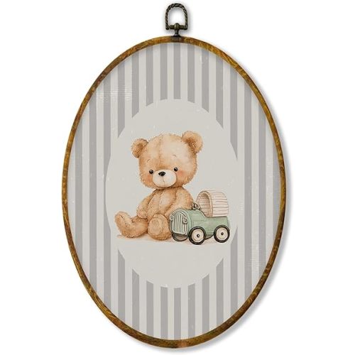 shiviody Vintage Bear Nursery Canvas Wall Art Decor, Bear Nursery Decor, Grey Striped Wild Animal Oval Hanging Frame Prints Decorations for Kids Toddler Room Bedroom Playroom 8.6"x11.4"