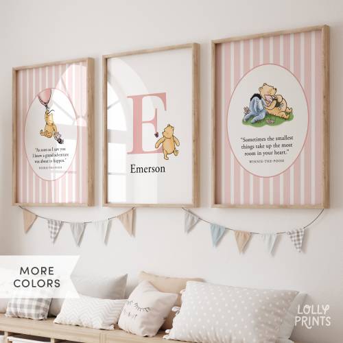 Personalized Classic Winnie-The-Pooh Wall Art Set of 3, Custom Name Nursery Wall Decor, Winnie-The-Pooh Quotes, Decorative Name Sign Gift