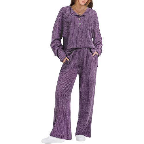 FREEYE Women's 2 Piece Outfits 2023 Oversized Sweatsuits Button Down Knit Pullover Matching Lounge Pants Pajama Sets - Purple - Medium