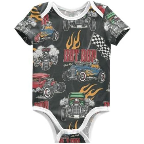 Pigsaly Hot Rod Baseball Racing Car Unisex Baby Bodysuits Checkered Flag Newborn Short Sleeve Jumpsuit 3M
