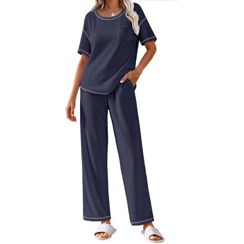 Ekouaer Women Waffle Knit Lounge Sets Short Sleeve Top and Long Pant Pajama Set Loungewear 2 Piece Pjs Set with Pockets