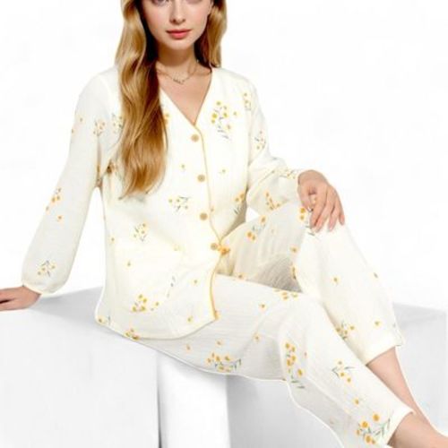 Anna-kaci Women's Floral Print 2-piece Pajama Set With Button-front Top And Soft Muslin Textured Fabric - Small, Light Beige
