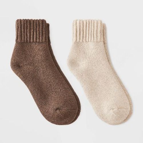 Women's Full Terry with Chunky Ribbed Cuff Cloud Soft Lounge 2pk Ankle Socks - Auden™ Oatmeal Heather/Brown Heather 4-10