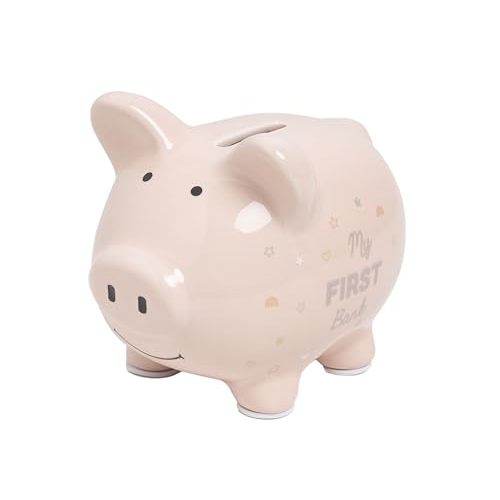 Kate & Milo Mini Ceramic Piggy Bank, Newborn Nursery Décor, Baby Girl Keepsake Gift, My First Bank, Pink Rainbows and Stars