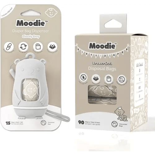 Moodie Teddy Bear Diaper Bag Dispenser w/Silicon Strap (CLOUDY GREY) & 6 Refill Roll PACK (UNSCENTED - 105 Bags TOTAL) | Diaper Bag Essential Items