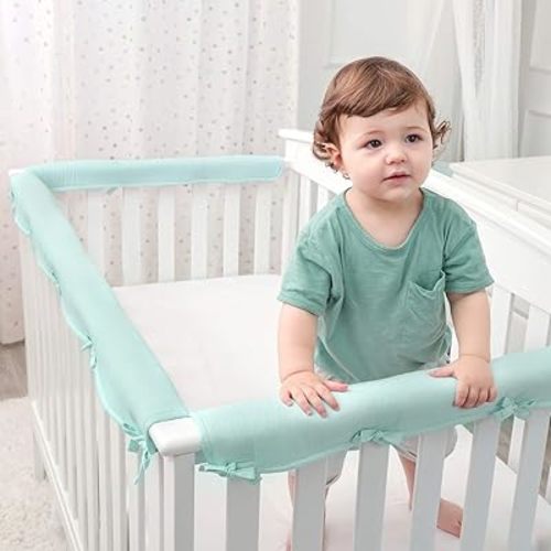 3pcs New Teething Edge Crib Rail Cover&Corner Guard Coverage Straps,Reversible Guardrail Cover Protector for Boys Girls(1 Long 2 Short Green)