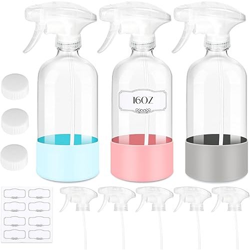 3 PACK/16 OZ Glass Spray Bottles with Upgraded Adjustable Spray Nozzle,Refillable Containers with Silicone Sleeve,Spray Bottle for Hair&Cleaning Solutions&Essential Oils-Pink Blue Gray