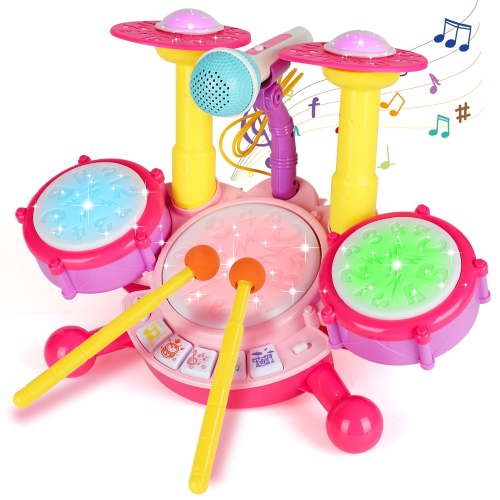 Kids Drum Set, Toddler Drum Set with 2 Drumsticks and Microphone, Kids Musical Toys, Baby Drum Set Toy for 1 2 3 Year Old Boys Girls - Pink