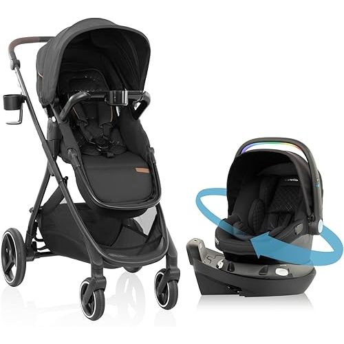 Evenflo Shyft Intuiti+ Travel System Featuring Revolve180 LiteMax NXT Preemie and Infant Car Seat with SensorySoothe and Green & Gentle (Jasper Black)