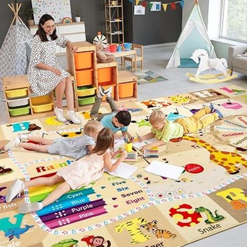 Playroom Rug, 5x7 Feet, Educational ABC Alphabet Animals Daycare Kids Rug, Beige & Pink
